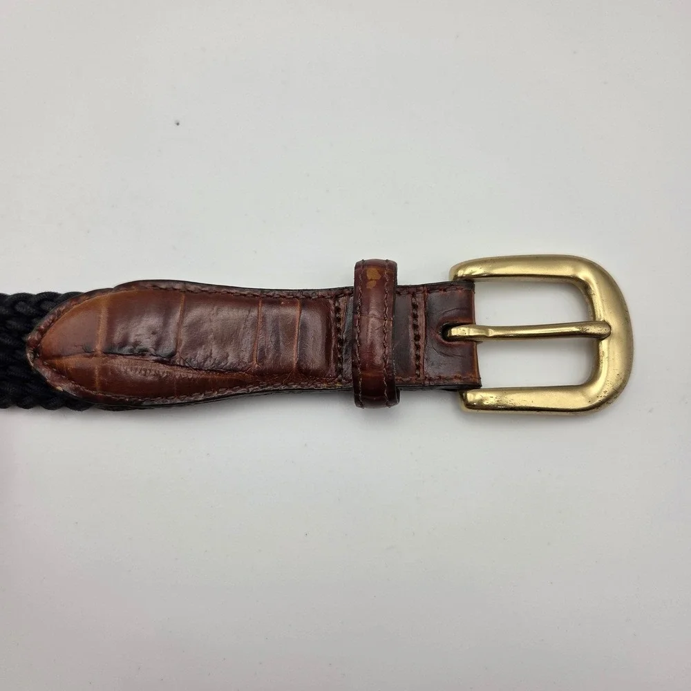 Brighton Woven‎ Stretch Black Belt Brown Leather Trim Solid Brass Buckle Size 36